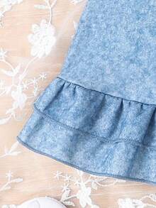 嬰兒女孩蝴蝶刺繡牛仔裝連衣裙，適用於夏季外出 - 藍色 - 查看 5