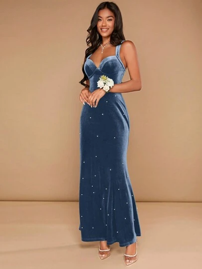 SHEIN Belle Vestido Largo De Tanque Con Cintura Ciñida Y Adornos De Tachuelas Para Mujer