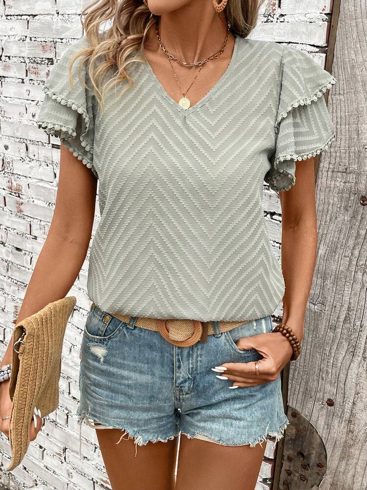 Floral Jacquard V-Neck Blouse With Ruffle Sleeves