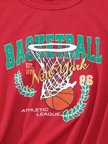 SHEIN Tween Girls' Slogan & Basketball Print Round Neck Short Sleeve T-Shirt - Red - View 4