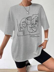 SHEIN EZwear 夏季白色y2k抽象人物圖形下垂肩t恤圖形衫 - 灰色 - 查看 3