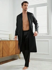 Men's Casual Black V Neck Belted Robe And Pants Loungewear Set Comfortable Nightwear, Fall Winter Clothes
