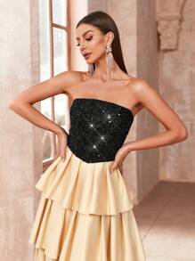 SHEIN Belle 女款拼接亮片多層荷葉邊無肩帶雞尾酒派對裙 - 彩色 - 查看 3