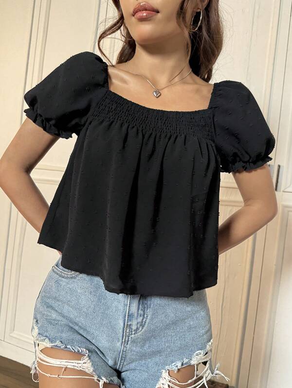 Flirla Solid Color Square Neck Short Sleeve Shirt Peplum Top