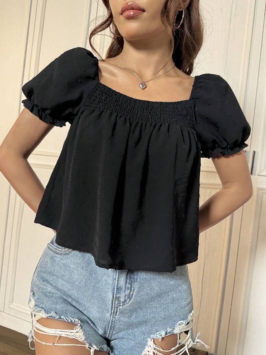 Flirla Solid Color Square Neck Short Sleeve Shirt Peplum Top - Black - View 1