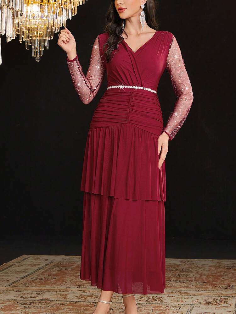 Women's Neck Mesh Long Sleeve Dress Without Waist Belt,Elegant Evening Party Dress Long Evening Dresses