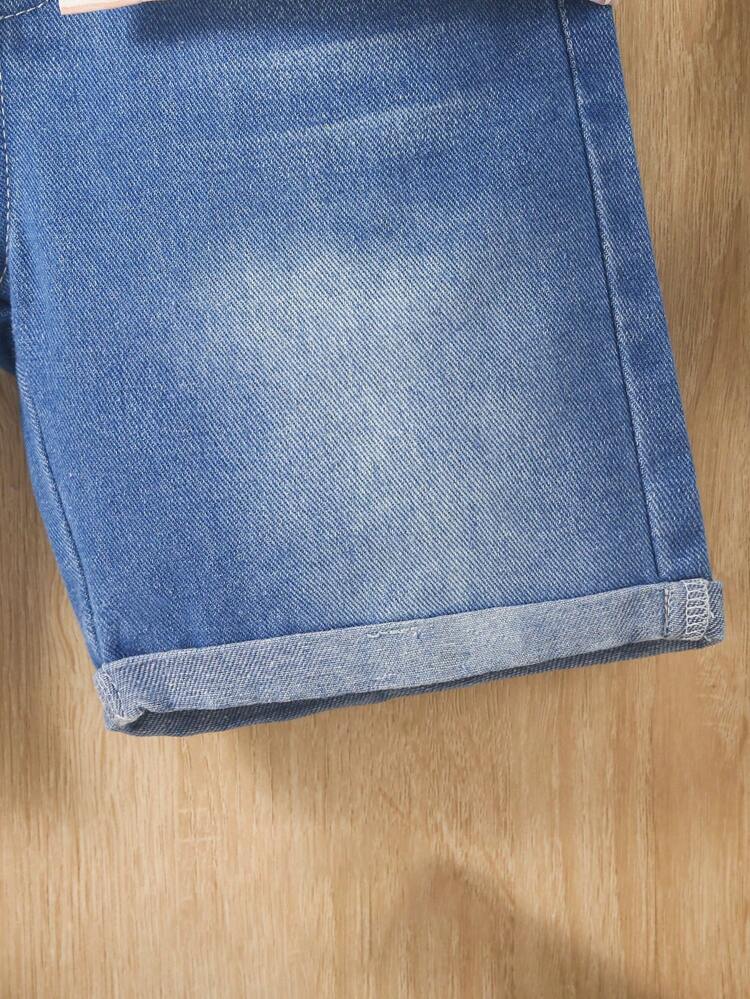 Baby Boys' Casual Vacation Style Giraffe And Coconut Tree Print Short Sleeve Top & Mid Wash Elastic Waist Wide Leg Denim Shorts Set