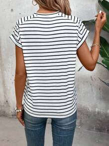 SHEIN LUNE Striped Round Neck Raglan Sleeve T-Shirt - Black and White - View 3