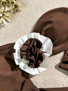SHEIN Swim 女性配色3d花朵設計綁背比基尼套裝,兩件式游泳服泳衣沙灘裝,適用於夏季假期 - 咖啡棕 - 查看 3