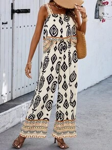 Breezaya Của phụ nữ Hình học In Không tay Top Cây trồng Và Quần Bộ - Màu be - Xem 5