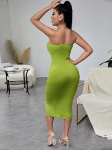 SHEIN SXY 女式純色無肩帶修身緊身連衣裙 - 綠色 - 查看 2