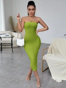 SHEIN SXY 女式純色無肩帶修身緊身連衣裙 - 綠色 - 查看 3