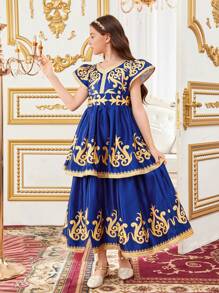 SHEIN Tween Girl Elegant V-Neck Cap Sleeve Dress For Vacation - Blue - View 1