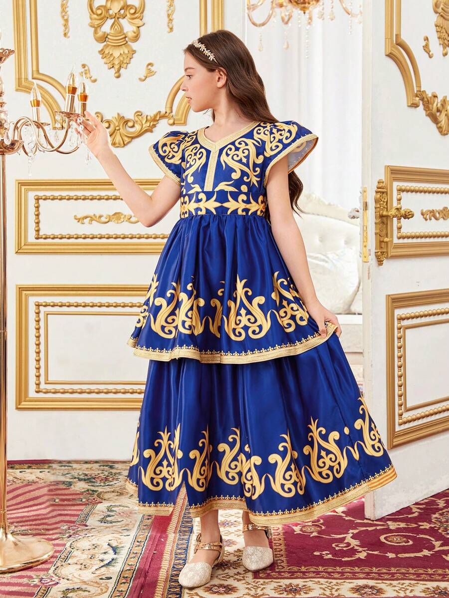 SHEIN Tween Girl Elegant V-Neck Cap Sleeve Dress For Vacation - Blue - View 1