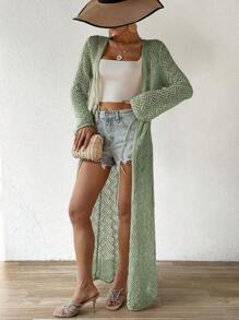 Breezaya 女士實色綁帶前開空心針織外套 - 綠色 - 查看 1