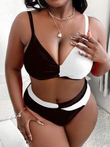 SHEIN Swim Curve Summer Beach Plus Size Women's Ruched Color Block Bikini Set
