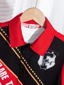 SHEIN Tween Boy Loose Fit Race Car Pattern Polo Áo sơ mi có tay áo ngắn - Đỏ - Xem 5