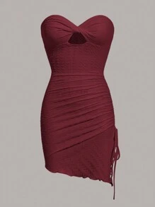 SHEIN ICON Cut Out Drawstring Side Asymmetrical Hem Tube Bodycon Mini Dress - Burgundy - View 7