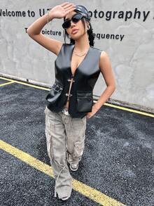 VaVaBold Túi có nắp Móc và mắt Không nút Áo khoác vest - màu đen - Xem 5