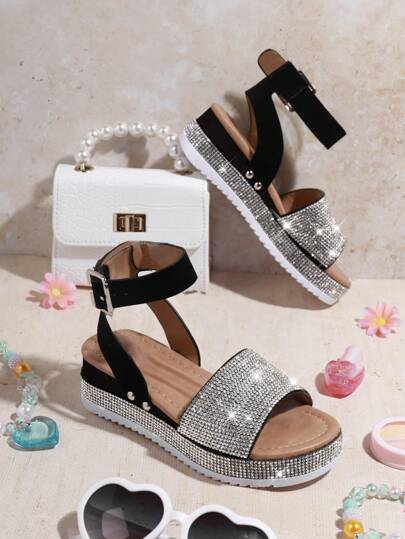 Mini mi صندل الفتيات المتألق بكعب مزخرف بالراين بلون الشامبانيا ونعل مانع للإنزلاق ومنصة مع حزام كاحل قابل للتعديل - أنيق ومريح وجذاب