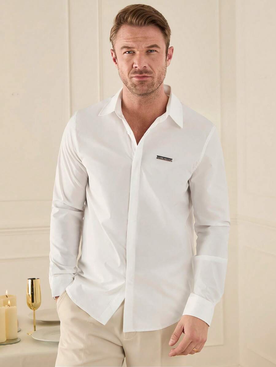 Manfinity NXTstreet 男士金屬扣織紋長袖襯衫 - 白色 - 查看 1