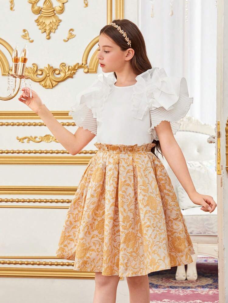 Tween Girls' Loose Cute Ruffle Trim Blouse And Skirt Set