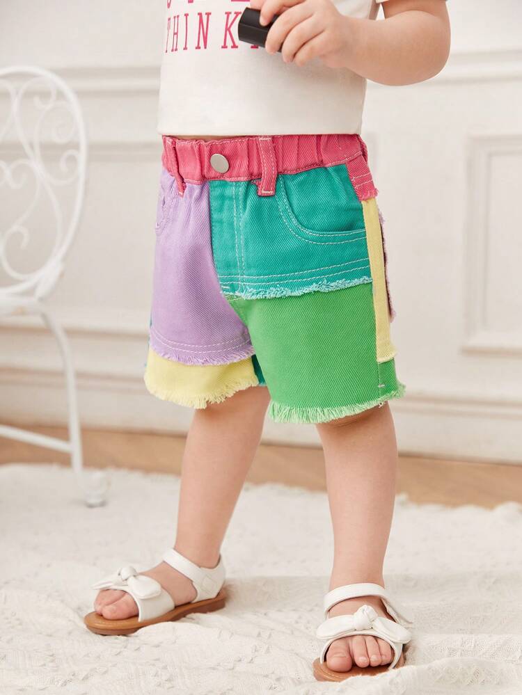 Baby Girl High Waist Color Block Raw Edge Denim Shorts