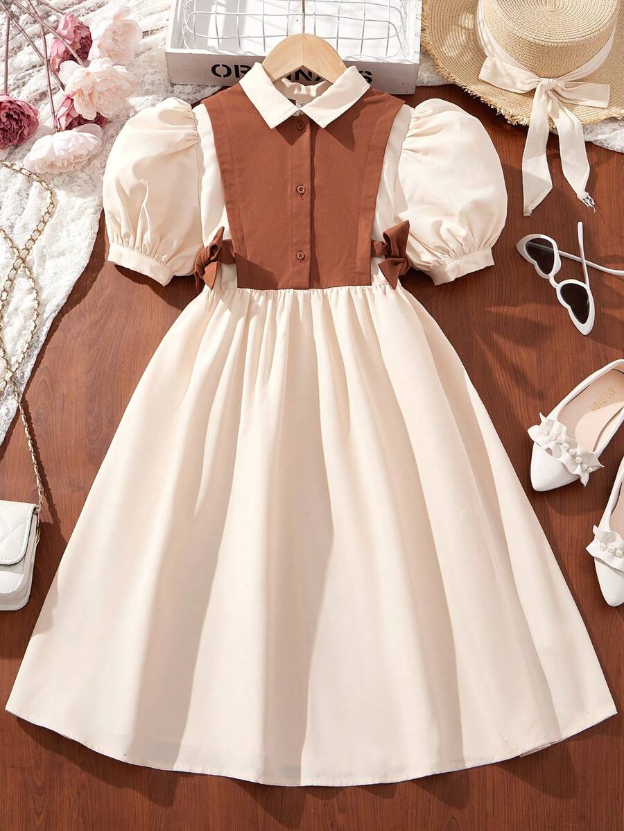 SHEIN Tween Girls' Short Sleeve Shirt Collar Color Block 2 In 1 Dress With Side Tie - Beige - View 1