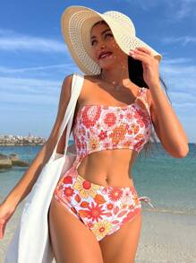 SHEIN Swim Traje de baño de una pieza con estampado floral, corte en la cintura y un solo hombro sin mangas para mujer, ideal para verano, playa, natación y vacaciones