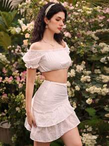 GENKIRA 2pcs Women Set With Asymmetric Ruffle Hem - White - View 3