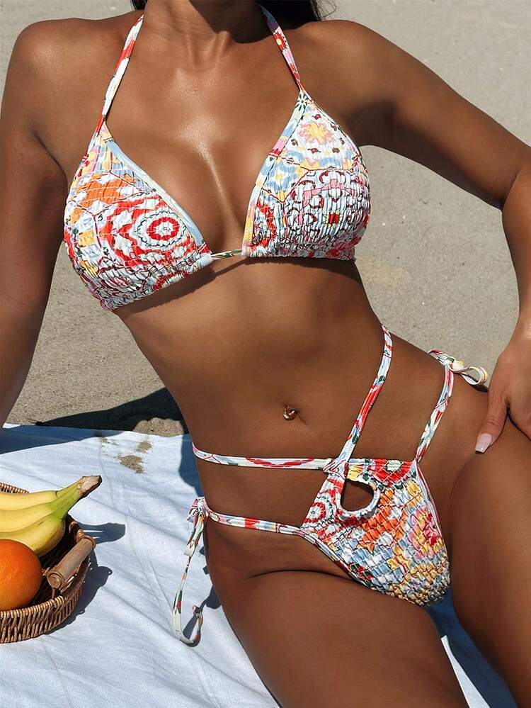 Random Printed Shirred Halter Neck Split Two-Piece Bikini Set Summer Beach