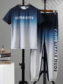 Tween Boy Letter Print Round Neck Short Sleeve T-Shirt And Long Pants Set, School, Campus, College Summer Holiday - Black - View 3