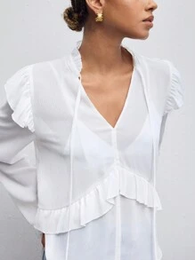Maija 女式長袖衫,有拼接和荷葉邊設計 - 白色 - 查看 8