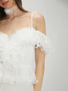 Enchnt Của phụ nữ Off Shoulder Tay áo xù Màu thuần Đầm - trắng - Xem 3