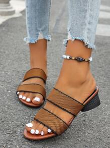 女性加大碼棕色高跟涼鞋,夏季休閒時尚編織涼鞋,舒適粗跟性感沙灘拖鞋 - 棕色 - 查看 1