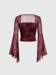 ROMWE Women's Floral Print Sheer Mesh Top With Flared Sleeves - Red - View 2
