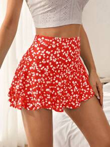 SHEIN VCAY In hoa Ditsy Hai lớp bờ biển Mùa hè Hem Váy mini - Đỏ - Xem 6