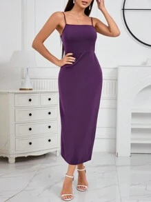 Modelyn Ladies' Spaghetti Strap Dress And Faux Pearl Woven Belted Flare Sleeve Jacket Two-Piece Set - Purple - View 5