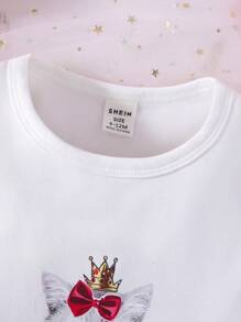 女婴猫咪印花连体衣、薄纱裙和一双袜子套装，春夏款 - 粉色 - 查看 4