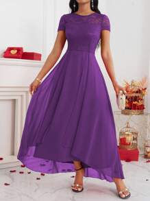 SHEIN Clasi Đầm Maxi Dài Cạp Cao Phối Ren Màu Trơn Cho Nữ - Màu tím - Xem 3