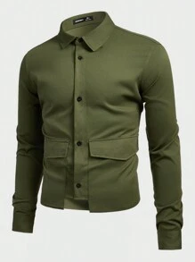 Manfinity VCAY Men's Solid Color Woven Casual Shirt - Army Green - View 1