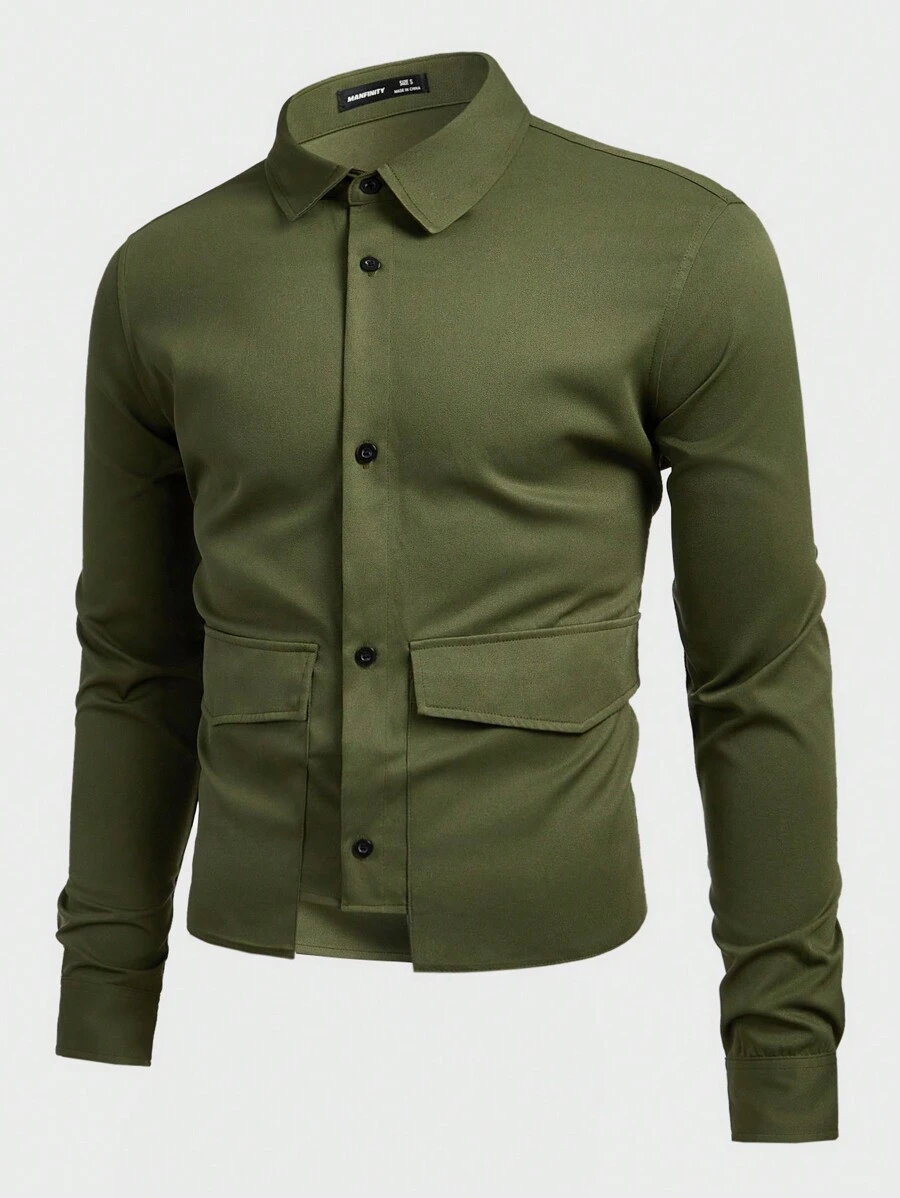 Manfinity VCAY Men's Solid Color Woven Casual Shirt - Army Green - View 1