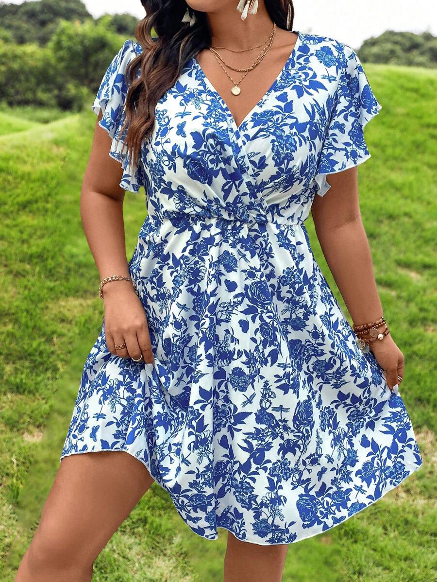 SHEIN Clasi Kích thước lớn Của phụ nữ In hoa Bọc Vòng cổ Đầm - Xanh và trắng - Xem 1