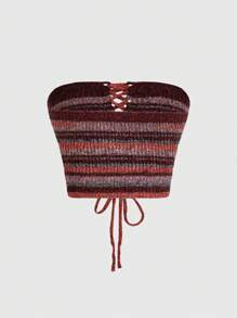 ROMWE Hippie Vintage Striped Knitted Strapless Top - Coffee Brown - View 2