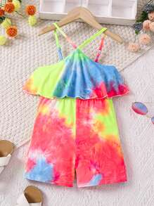 SHEIN Young Girls' Tie-Dyed Ruffle Trimmed Strap Romper - Multicolor - View 1