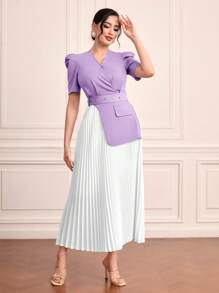 Modelyn Arabian Dresses Berikat Berlipat Tombol Depan Blok Warna Anggun - Purple - View 5