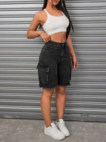 SHEIN ICON Frayed Edge Washed Denim Shorts - Black - View 5