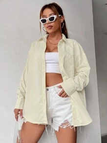 SHEIN Unity Màu thuần Có nút Thả vai Áo sơ mi Với Patch Túi - Màu be - Xem 4