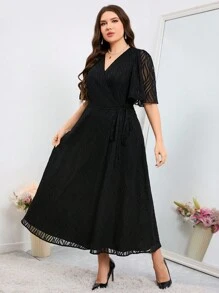 Modelyn Plus Size Solid Color Cutout Tie Wrap Dress Long Evening Dresses