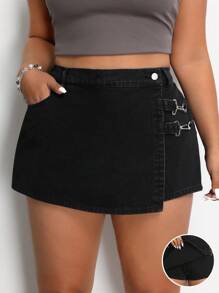 SHEIN EZwear Plus Size Y2k Style Solid Color Denim Skort With Decorative Chains, For Summer
